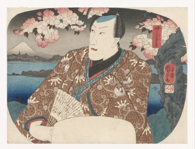 Acteur met waaier onder kersenbloesem door Utagawa Kuniyoshi