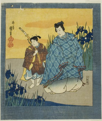 Acteur Ichikawa Danjuro VIII als Narihira in Yatsuhashi uit "Een zesvoudig scherm van beroemde afbeeldingen (Meiga rokushi byobu)". door Utagawa Kuniyoshi