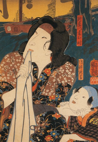 Acteur in peinzende pose naast kind door Utagawa Kuniyoshi