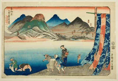 Akasaka, Fujikawa, Okazaki, Chiryu en Narumi, uit de serie "Beroemde Plaatsen op de Drieënvijftig Stations van de Tokaido, Vijf Stations" door Utagawa Kuniyoshi