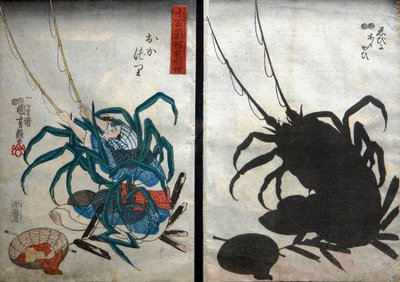 Visser; Kreeft en Ark Schelp (Okazuri / Ebi ni akagai) Serie Geestige Schaduwbeelden (Sono omokage hodo utsuhie), ca.1848 door Utagawa Kuniyoshi