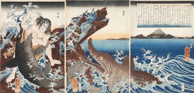 Asaina Saburo Yoshihide worstelt met twee krokodillen op Kotsubo strand door Utagawa Kuniyoshi