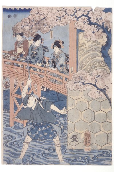 Bandō Hikosaburō IV als Ashikaga Yoshimasa en Ichikawa Kodanji IV als Asakura Tōgo uit het Kabuki-stuk, Higashiyama Sakura Sōshi door Utagawa Kuniyoshi