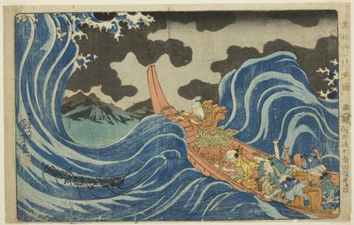 Een mantra werpen op de golven bij Kakuta tijdens zijn ballingschap naar Sado-eiland (Sashu rukei Kakuta nami daimoku), uit de serie "Beknopte geïllustreerde biografie van de grote priester [Nichiren] (Koso go ichidai ryakuzu)" door Utagawa Kuniyoshi