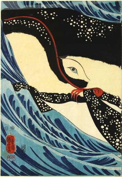 Kleuren houtsnede drieluik, de grote zwaardvechter Miyamoto Musashi valt een gigantische walvis aan voor de kust van de provincie Hizen door Utagawa Kuniyoshi
