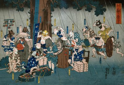 Komische dieren schuilen voor de regen door Utagawa Kuniyoshi