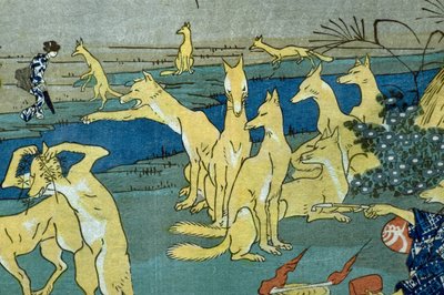 Komische vossen oefenen vormverandering (Dōke kitsume henge no keiko), ca. 1842 door Utagawa Kuniyoshi