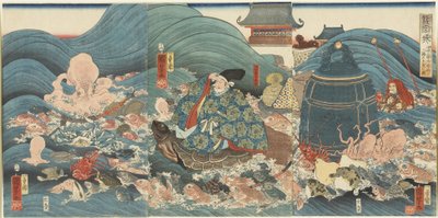 Drakengod die Hidesato beloont met drie geschenken door Utagawa Kuniyoshi
