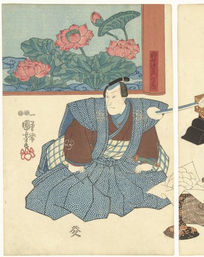 Drie acteurs bij een kamerscherm door Utagawa Kuniyoshi