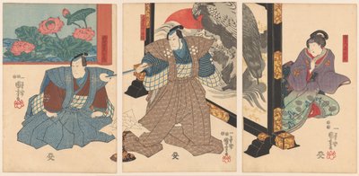 Drie acteurs bij een kamerscherm door Utagawa Kuniyoshi