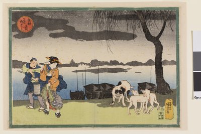 Geisha, Bediende en Drie Honden bij Yanagi-brug in Ryogoku, uit de serie Beroemde Zichten van de Oostelijke Hoofdstad, c.1834 door Utagawa Kuniyoshi