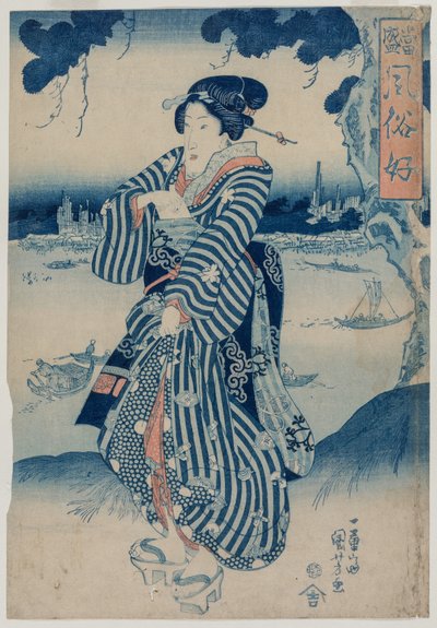 Geisha Staand aan de Oever van de Sumida Rivier (uit de serie Mensen die van de Nieuwste Mode en Manieren Houden) door Utagawa Kuniyoshi