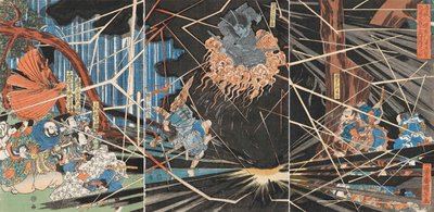Geest van Akugenda Yoshihira valt Nanba Jiro aan bij de Nunobiki-waterval, ca. 1825 door Utagawa Kuniyoshi