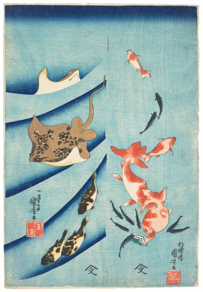 Goudvis, Killifish, pijlstaartrog en kogelvis, ca. 1837 (houtsnede) door Utagawa Kuniyoshi