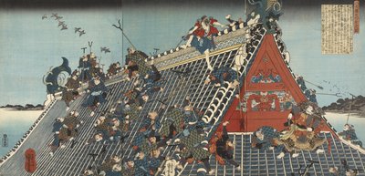 Hakkenden no uchi: Hôryû-kaku; Op het Dak bij Hôryû-kaku door Utagawa Kuniyoshi