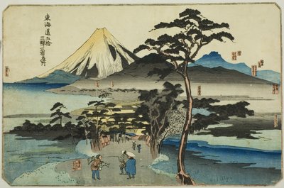 Hara, Yoshiwara, en Kanbara, uit de serie "Beroemde Plaatsen op de Drieënvijftig Stations van de Tokaido, Drie Stations (Tokaido gojusan eki sanshuku meisho)" door Utagawa Kuniyoshi