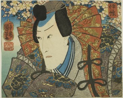 Provincie Iyo: Ichikawa Danjuro VIII als Minamoto no Yoshitune, uit de serie "Moderne Scènes van de Provincies in Edo Brocades (Edo nishiki imayo kuni zukushi)" door Utagawa Kuniyoshi