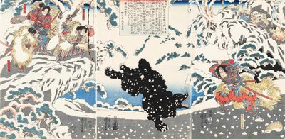 Kamei Rokuro Shigekiyo vecht tegen een zwarte beer in de sneeuw, bekeken door Yoshitsune en zijn volgelingen door Utagawa Kuniyoshi