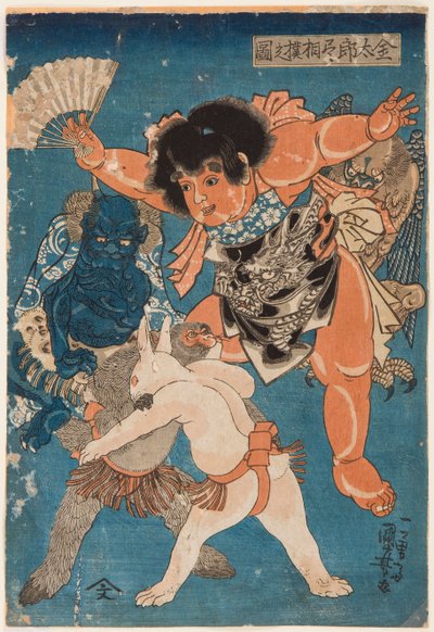 Kintaro scheidsrechtert een gevecht tussen een aap en een konijn door Utagawa Kuniyoshi