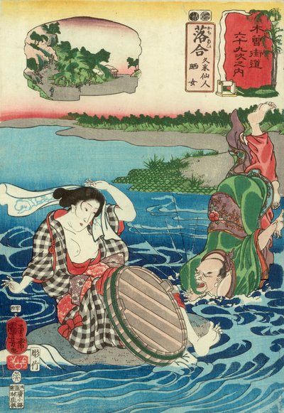 Kume Sennin valt in een rivier bij het zien van een vrouw met ontbloot bovenlijf die op een rots hurkt, Station 45, uitgegeven door Hayashi Shoehi door Utagawa Kuniyoshi