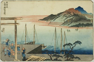 Miya, Kuwana, Yokkaichi en Ishiyakushi, uit de serie "Beroemde plaatsen op de drieënvijftig stations van de Tokaido, Vier stations (Tokaido gojusan eki yonshuku meisho)" door Utagawa Kuniyoshi