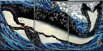 Miyamoto Musashi doodt een enorme walvis, ca.1847 door Utagawa Kuniyoshi
