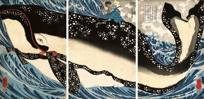 Miyamoto no Musashi valt de Reuzenwalvis aan door Utagawa Kuniyoshi