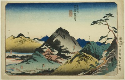 Nissaka, Kakegawa, Fukuroi, Mitsuke, en Hamamatsu, uit de serie "Beroemde Plaatsen op de Drieënvijftig Stations van de Tokaido, Vijf Stations (Tokaido gojusan eki goshuku meisho)" door Utagawa Kuniyoshi