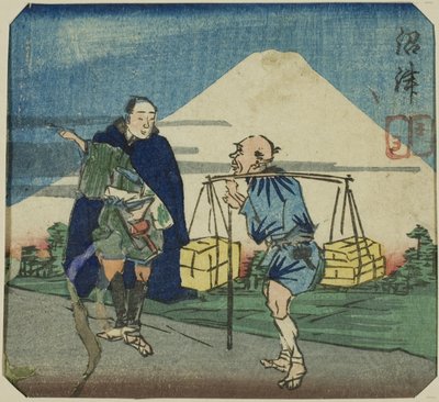 Numazu, deel van een blad uit de serie "Een Harimaze Spiegel van Joruri Spelen (Harimaze joruri kagami)" door Utagawa Kuniyoshi