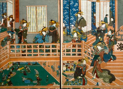 Bovenaanzicht van de bovenverdieping van Kado-Ebiya door Utagawa Kuniyoshi