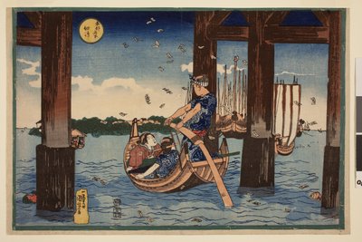 Pelgrimsmarkeringen die in de zee fladderen onder de brug bij Tsukuda-eiland, uit de serie Beroemde uitzichten van de Oostelijke Hoofdstad door Utagawa Kuniyoshi