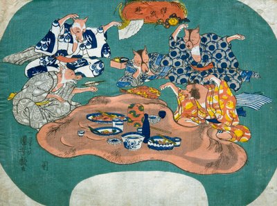Wasbeerhond en Vos aan het Spelen (Tanuki to kitsune no asobi), ca.1842 door Utagawa Kuniyoshi
