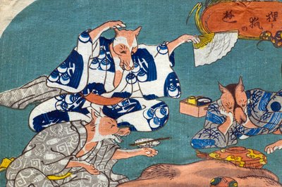 Wasbeerhond en vos aan het spelen (Tanuki to kitsune no asobi), c.1842 door Utagawa Kuniyoshi