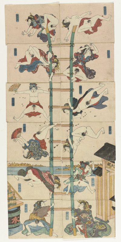Serie van twaalf koban Shunga met prostituees in de rol van acrobatische brandweerlieden door Utagawa Kuniyoshi