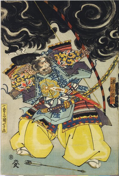 Blad uit een kleuren houtsnede drieluik, met Minamoto no Yorimasa, geholpen door Ii Hayata en Watanabe Choshichi, die de nue neerschiet van het dak van het paleis van Keizer Konoe: Japan, Edo, door Utagawa Kuniyoshi, c. 1820 - 1825 door Utagawa Kuniyoshi
