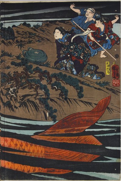 Blad uit een kleurenhoutsnede drieluik, met Oniwaka-maru (de toekomstige Musashibo Benkei) die op het punt staat de reuzenkarper aan te vallen die zijn moeder heeft verslonden: Japan, Edo, door Utagawa Kuniyoshi, ca. 1845 door Utagawa Kuniyoshi