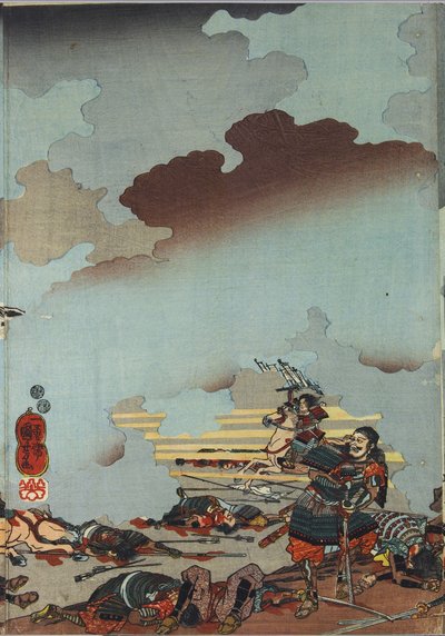 Blad uit een kleuren houtsnede drieluik, getiteld Eiroku yonnen kugatsu yokka Kawanakajima kassen ni Yamamoto Kansuke nyūdō no uchijini no zu (Dood van Yamamoto Kansuke bij de Slag bij Kawanakajima op de 4e dag van de 9e maand van Eiroku 4 [1561]) door Utagawa Kuniyoshi