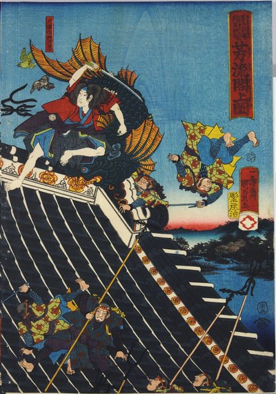 Blad uit een kleurenhoutsnede drieluik, getiteld Horyukaku sho no zu, een scène uit de Hakkenden van Takiwzawa Bakin met een gevecht op het tempeldak tussen Inuzuka Shino door Utagawa Kuniyoshi