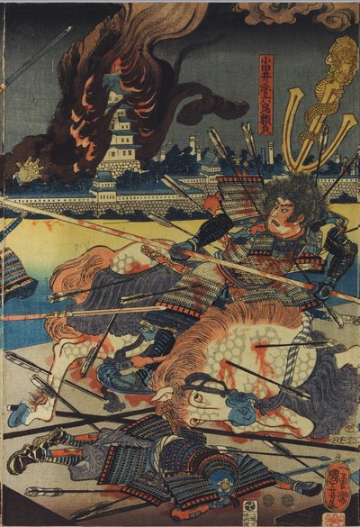 Blad uit een kleuren houtsnede drieluik, getiteld Shinshū Odai kassen no zu (De Slag bij Odai in de Shinano Provincie), met Odai Akarokurō Yorisada die drie mannen spietst terwijl zijn kasteel op de achtergrond brandt: Japan, Edo, door Utagawa Kuniyoshi door Utagawa Kuniyoshi