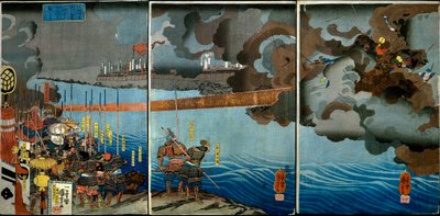 Takeda Shingen verplettert de troepen van Suwa Yorishige (Takeda Shingen Suwa Yorishige no jinchū o uchi-kuzusu zu), ca.1850-51 door Utagawa Kuniyoshi
