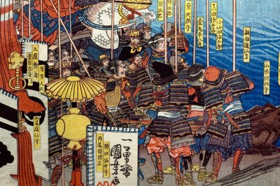 Takeda Shingen verplettert de troepen van Suwa Yorishige (Takeda Shingen Suwa Yorishige no jinchū o uchi-kuzusu zu), ca.1850-51 door Utagawa Kuniyoshi