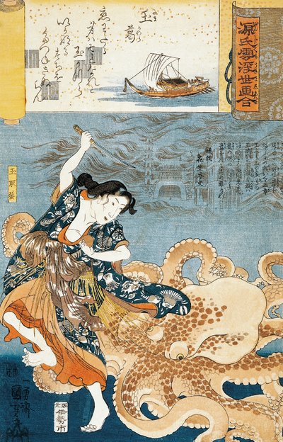 Tamatori (vrouwelijke ama-duiker), aangevallen door octopus terwijl ze heilige juweel grijpt door Utagawa Kuniyoshi