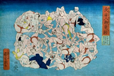Textielpatroon van Mensen om je van Geeuwen te Weerhouden (Akubu-dome jinbutsu sarasa) door Utagawa Kuniyoshi