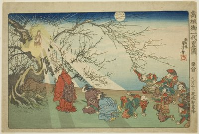 De Ster daalt neer op Echi op de Dertiende Nacht van de Negende Maand (Kugatsu jusan yoru Echi shoko), uit de serie "Beknopte Geïllustreerde Biografie van de Grote Priester [Nichiren] (Koso go ichidai ryakuzu)" door Utagawa Kuniyoshi