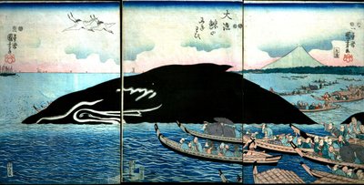Massa mensen rond een gevangen walvis door Utagawa Kuniyoshi