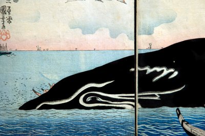 Mensenmassa rond een gevangen walvis door Utagawa Kuniyoshi