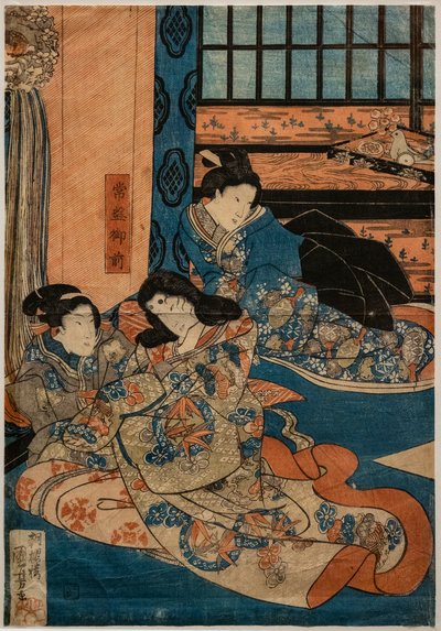 Tokiwa Gozen, minnares van Minamoto no Yoshitsune, in een scène van Kabuki door Utagawa Kuniyoshi