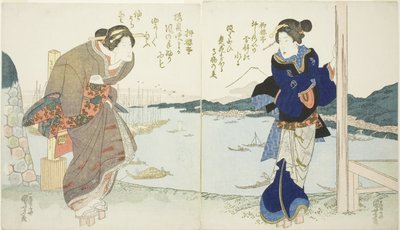 Twee vrouwen bij een theehuis in Takanawa door Utagawa Kuniyoshi