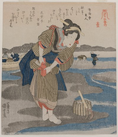 Vrouw die haar rokken vastmaakt; uit de serie Vijf afbeeldingen van eb door Utagawa Kuniyoshi