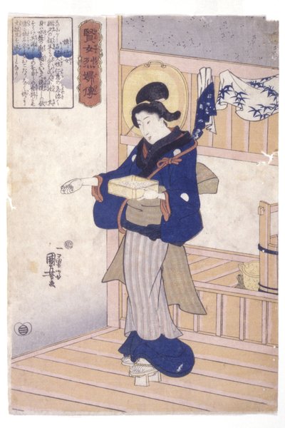 Vrouw met doos zaden door Utagawa Kuniyoshi